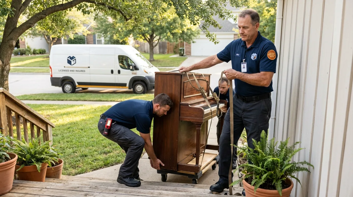 Licensed piano movers securing grand piano in Pollock Pines, CA