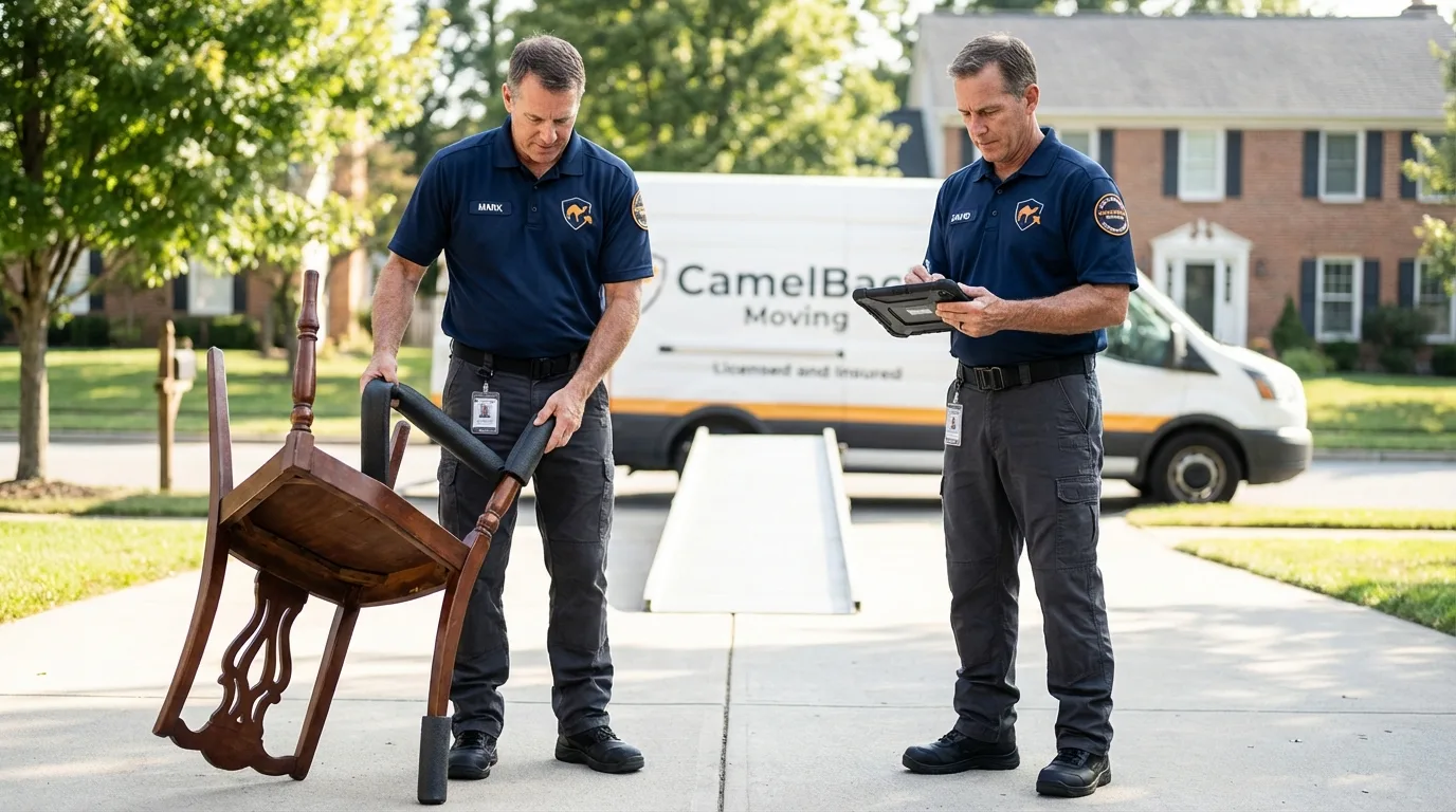 Movers inspecting furniture for damage prevention before loading in Pollock Pines, CA