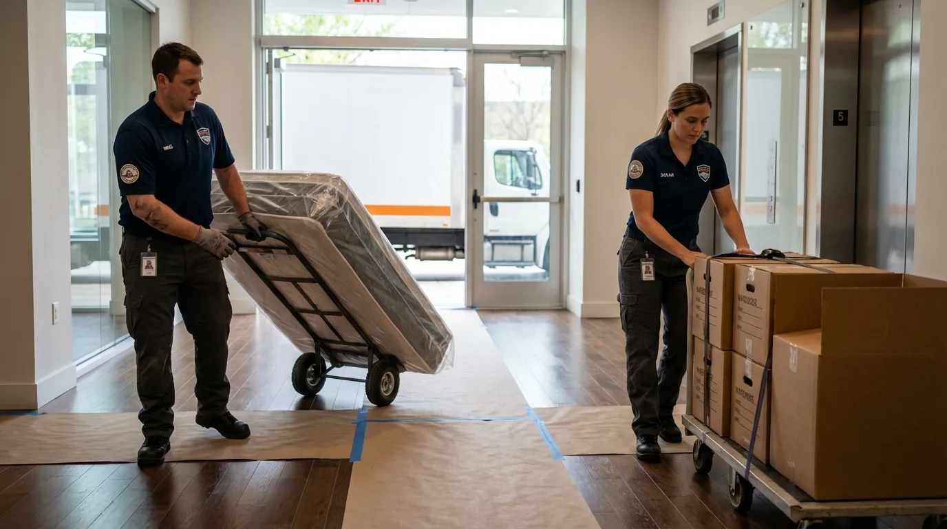 Professional apartment movers loading elevator in Pollock Pines, CA